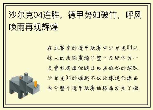 沙尔克04连胜，德甲势如破竹，呼风唤雨再现辉煌