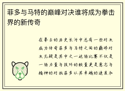 菲多与马特的巅峰对决谁将成为拳击界的新传奇